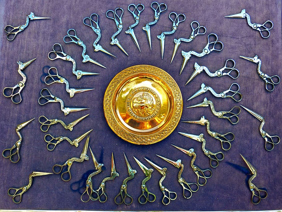 round gold-colored illustration, scissors, shear, bird shears HD wallpaper