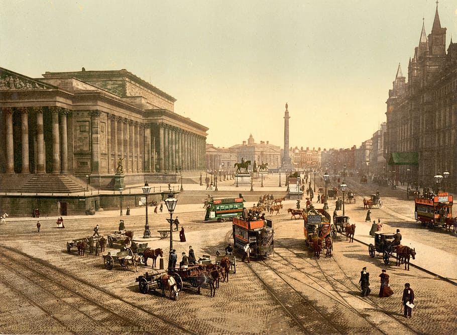 Lime Street, Liverpool, in the 1890s with  St.George's Hall in England, HD wallpaper