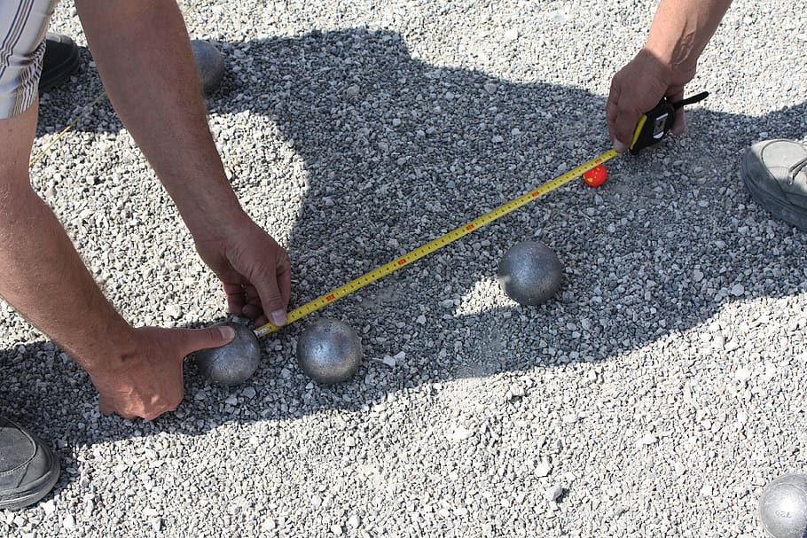 three gray balls, pétanque, boule, sport, play, measure, tape measure, HD wallpaper