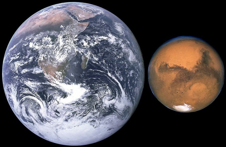 Comparison of Earth and Mars, photo, public domain, size, solar system