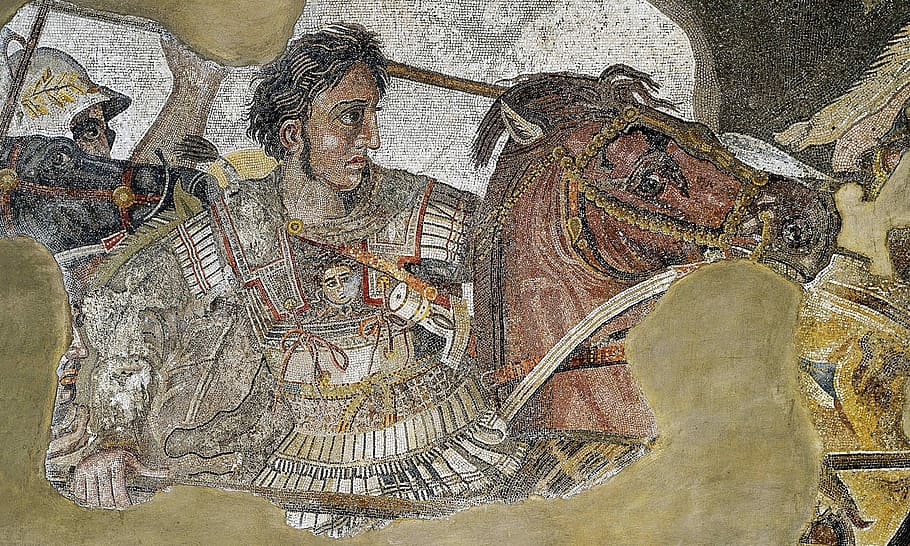 Alexander the Great in battle, commander, photo, hero, mosaic