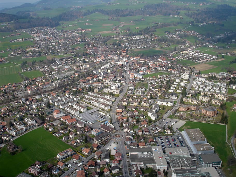 Aerial view of Steffisburg in Switzerland, city, photos, public domain, HD wallpaper