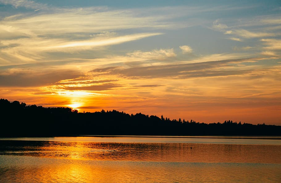 calm body of water, sunset, sky, lake, nature, landscape, sunrise HD wallpaper