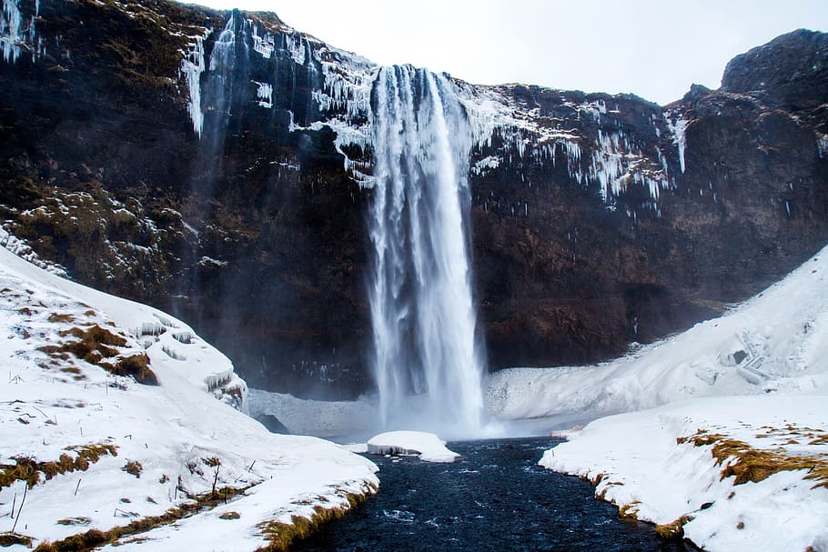 raging waterfalls surround snow mountain, winter, cliff, abyss HD wallpaper