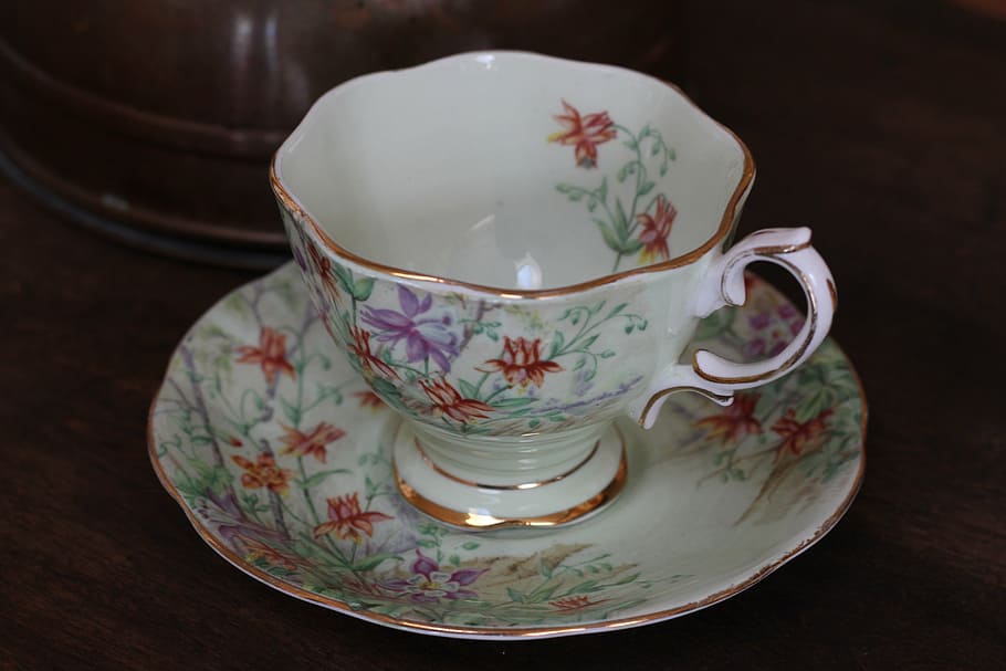 white-and-brown floral ceramic mug with saucer, teacup, china HD wallpaper