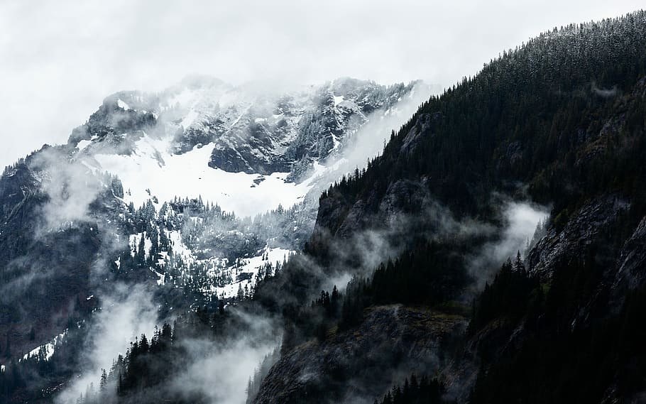 landscape photo of mountain with fogs, snow covered mountain with fog HD wallpaper