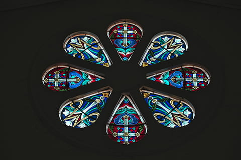 red-and-teal floral stained glass decor, stain glass decor, window HD wallpaper