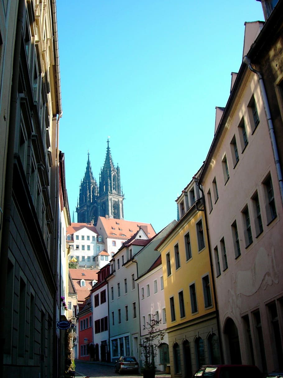 meissen, dom, towers, alley, row of houses, saxony, building exterior, HD wallpaper