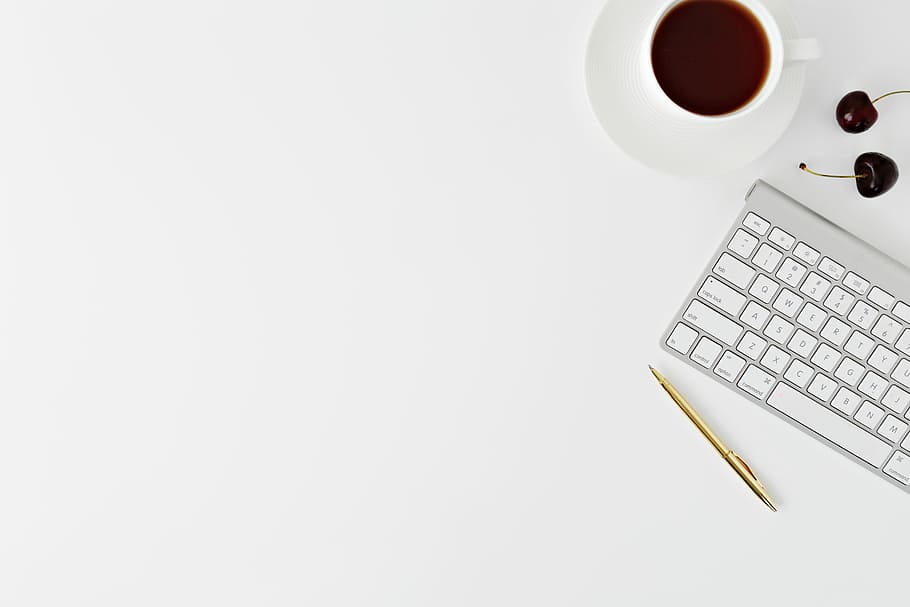 Magic Keyboard beside mug and click pen, Apple Wireless Keyboard near on coffee mug and retractable pen HD wallpaper