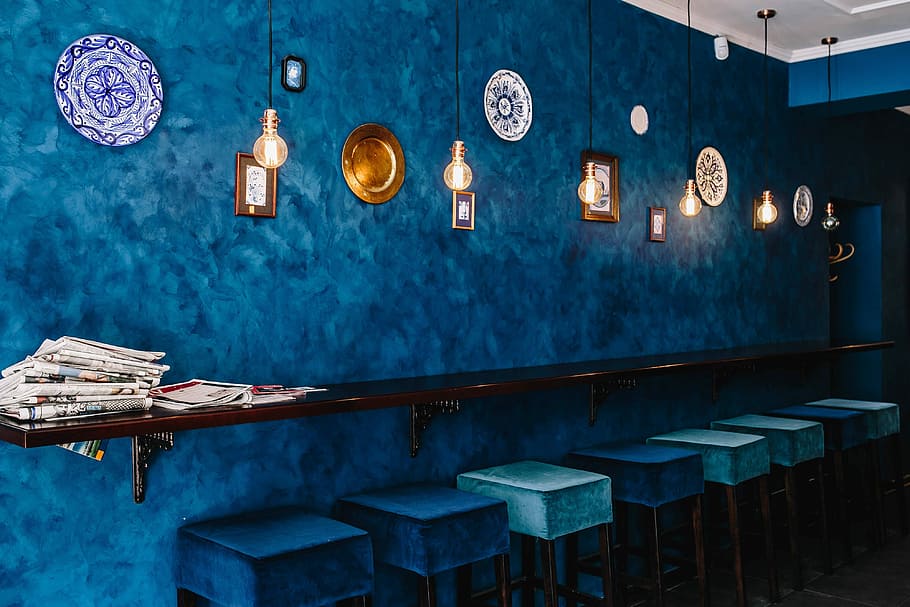 Interior of a modern restaurant, furniture, cafe, blue, bar, indoor