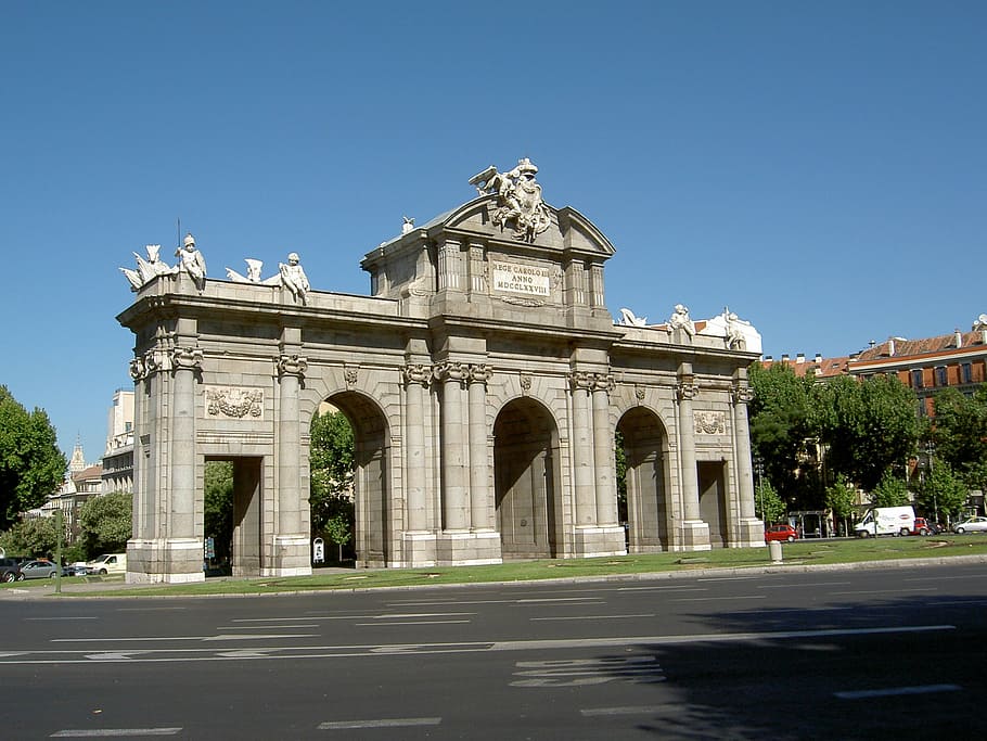 concrete entrance gate near paved road, spain, architecture HD wallpaper