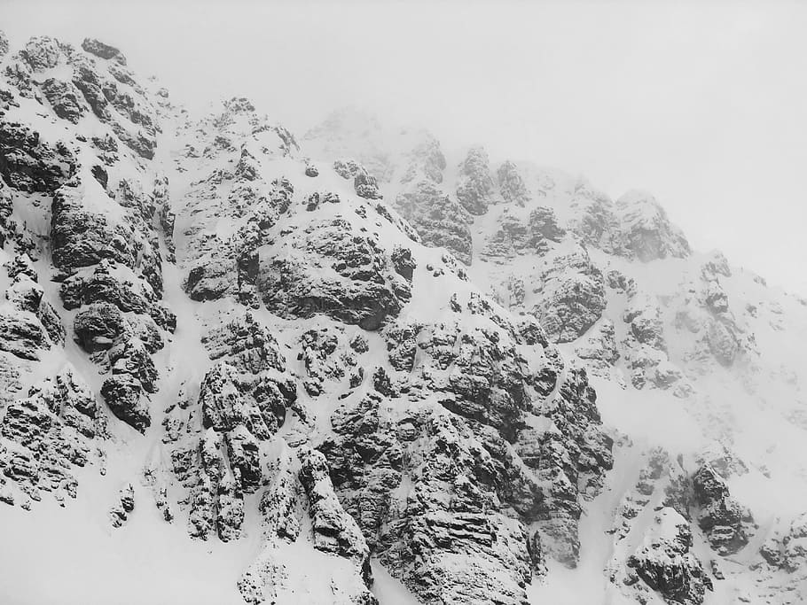 The Mountain, snow covered cliff during winter, rocks, mist, fog HD wallpaper