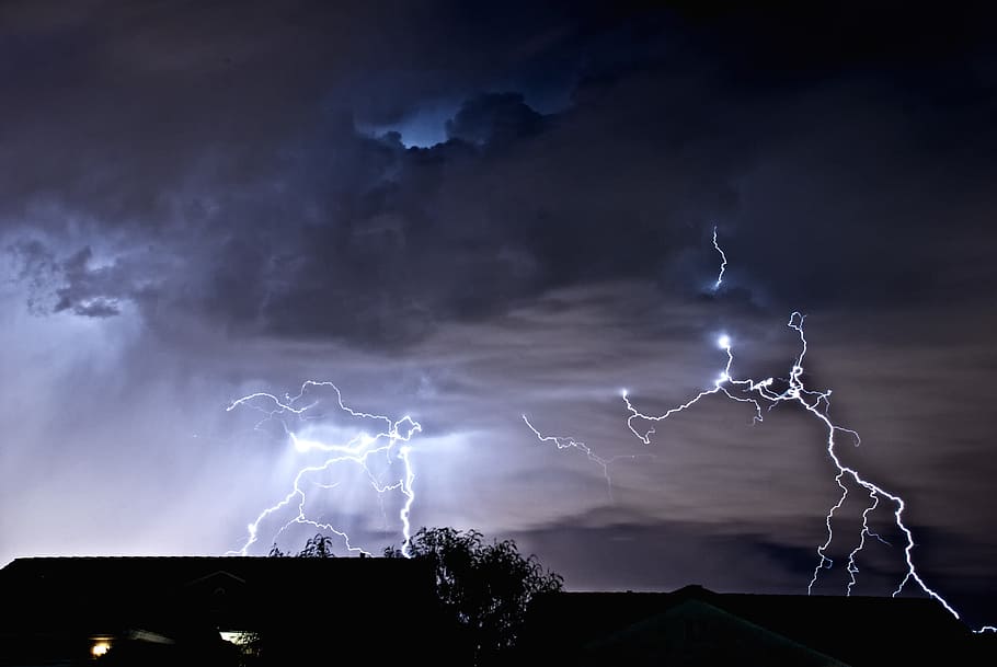thunder, lightning, weather, storm, landscape, mountains, country HD wallpaper