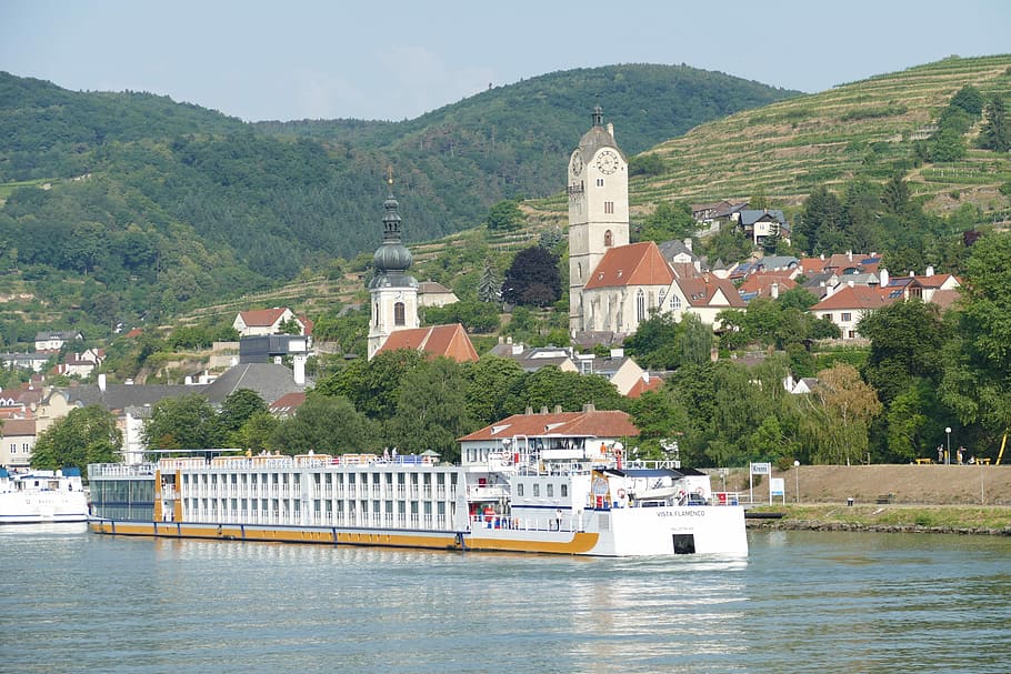 krems, austria, wachau, danube, river, river cruise, ship, church, HD wallpaper