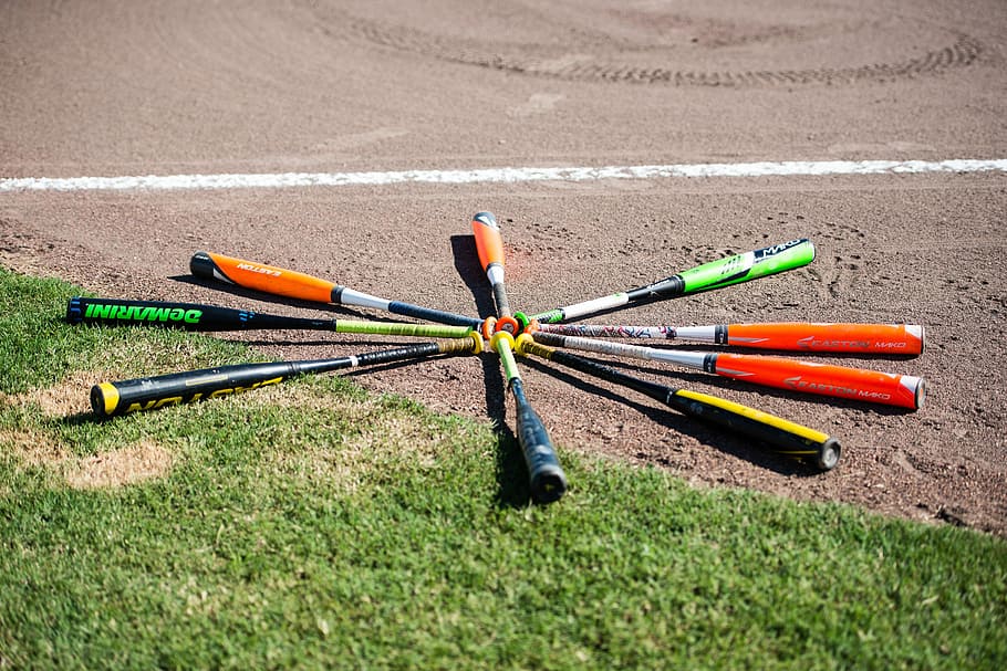 baseball, bats, field, multi colored, sport, day, no people HD wallpaper