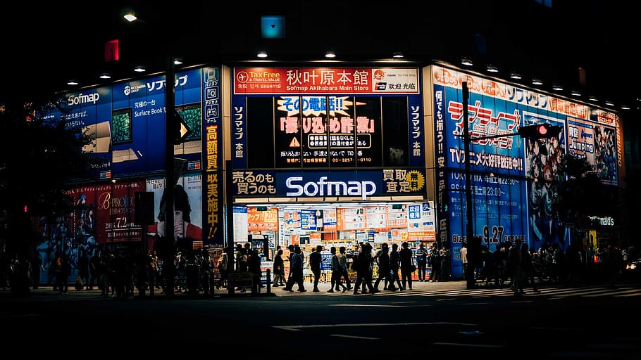 city buildings surrounded by people during night time, urban Scene HD wallpaper