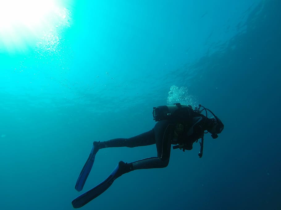 underwater photography of person, diver, sea, bubbles, blue, marin, HD wallpaper