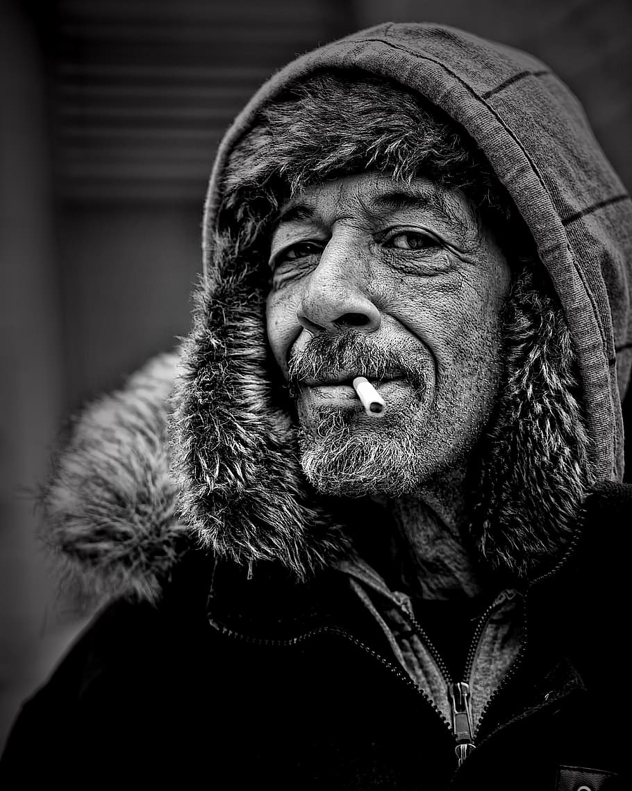 grayscale photo of man in capt, people, homeless, male, white, HD wallpaper