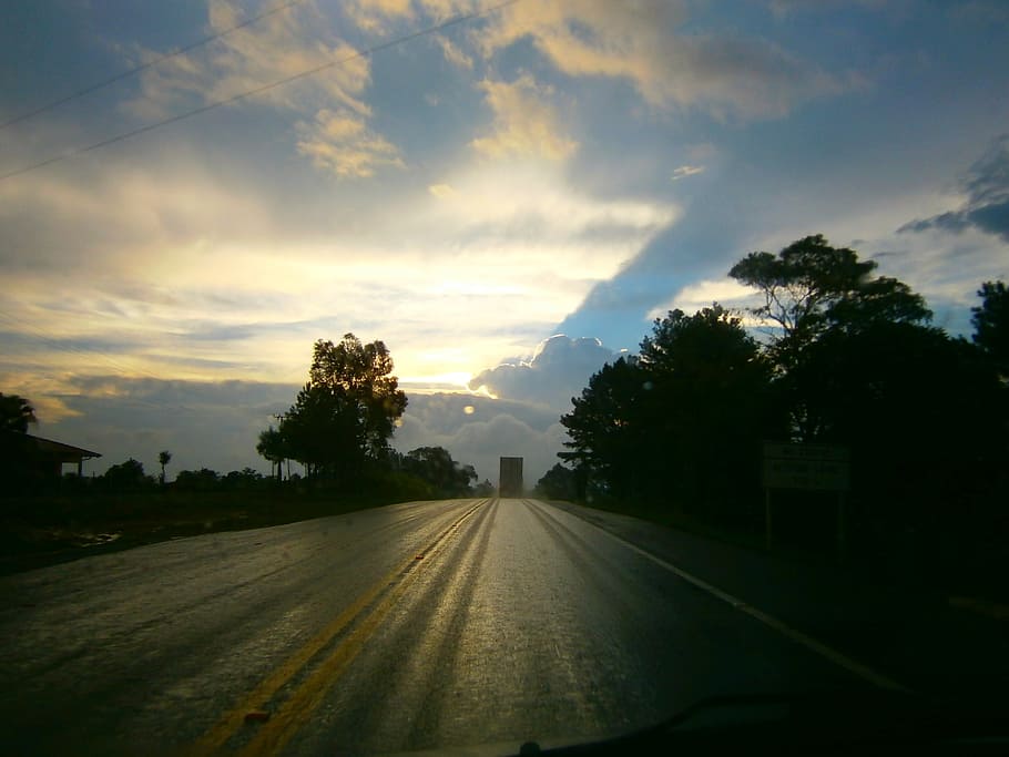 sky, clouds, rain, road, cloud - sky, tree, plant, transportation HD wallpaper