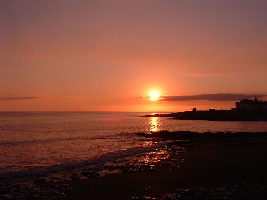 sunset, beachl, landscape, sea, sky, evening, reflection, water HD wallpaper