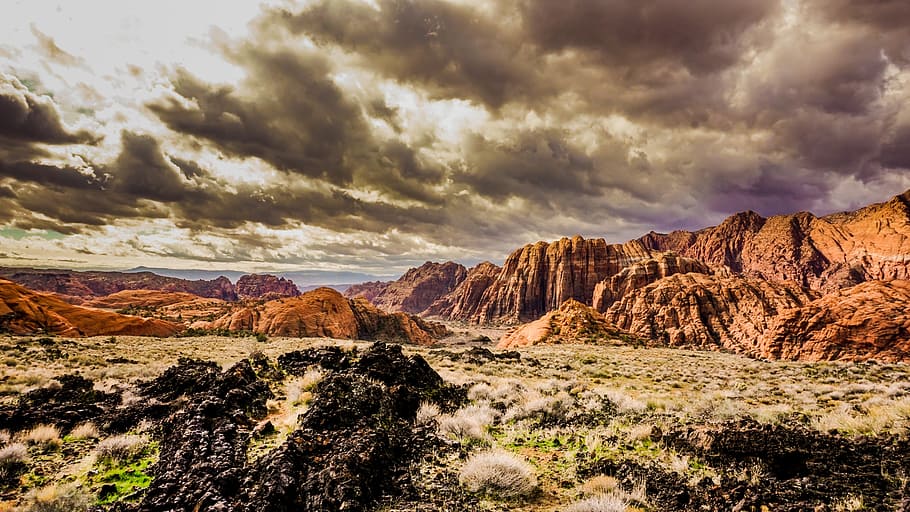 badlands, landscape, mountain, dark, sky, clouds, rocks, nature HD wallpaper