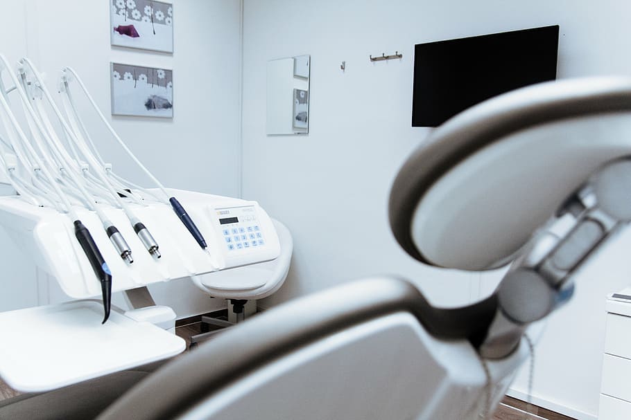 white medical chair inside room, dentist, dental, clinic, teeth