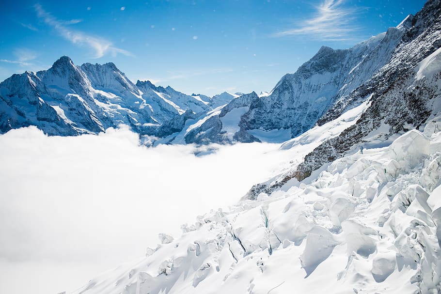 landscape photography of mountain range, adventure, alps, blue sky HD wallpaper
