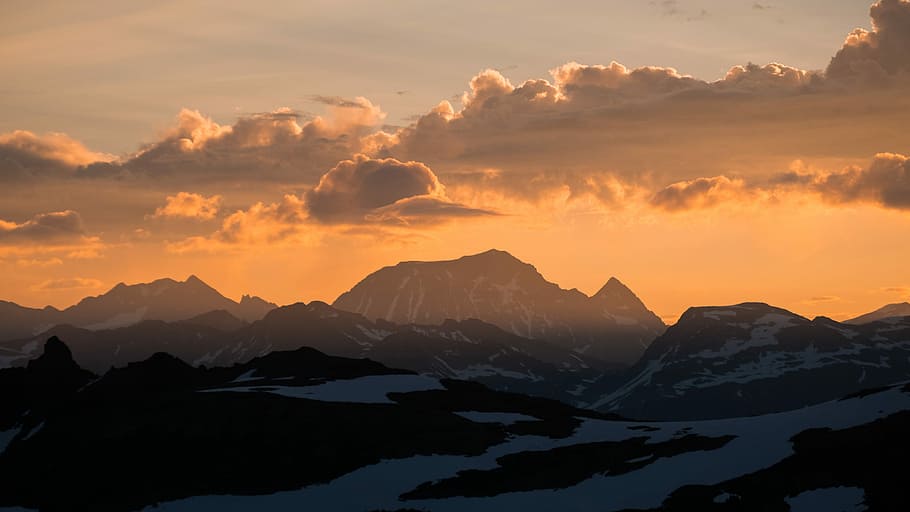silhouette of mountain during sunset, view of mountain range HD wallpaper