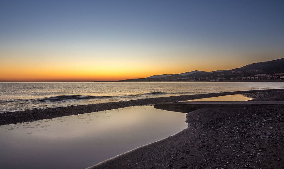 dawn, waters, nature, sky, outdoors, landscape, beach, sea HD wallpaper
