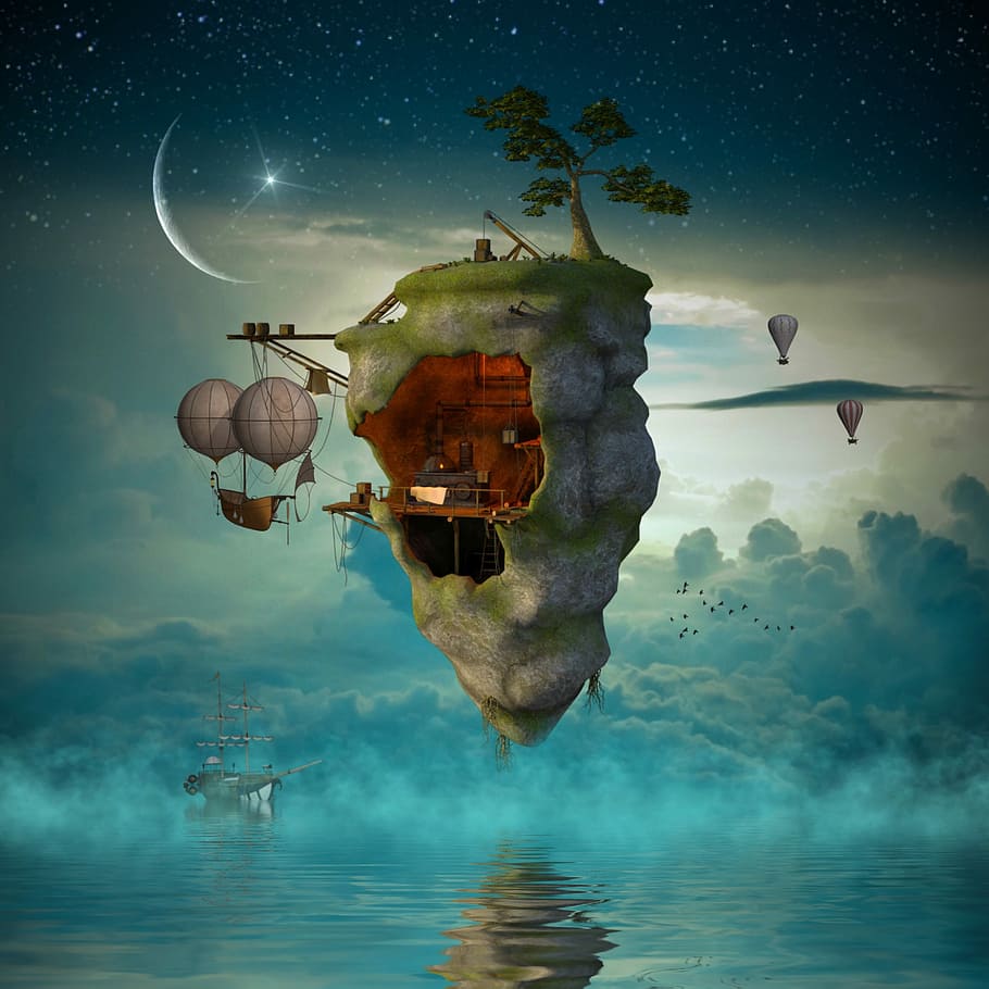 floating island illustration, planet, ocean, landscape, sunset HD wallpaper