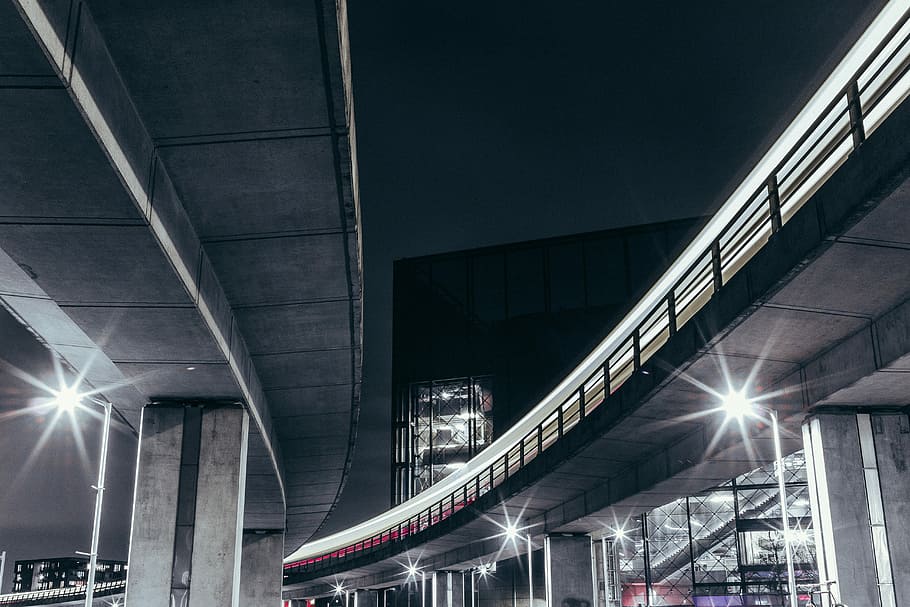 Metro, city flyover photo during nighttime, light, architecture, HD wallpaper