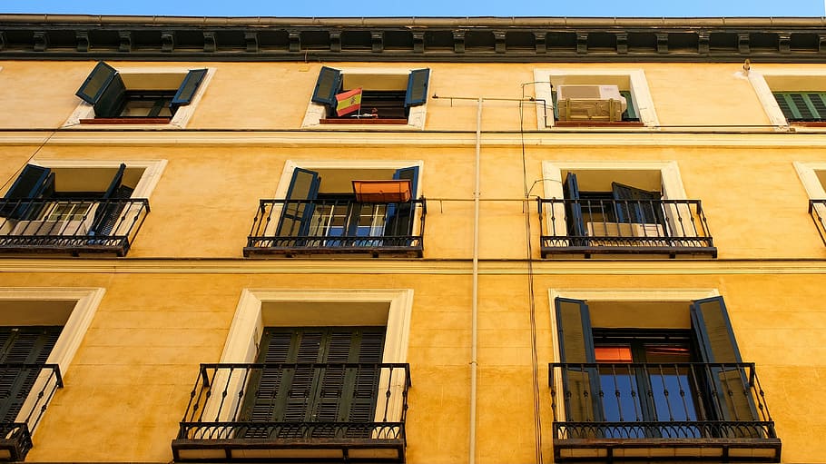 black steel balcony handrails, madrid, building, architecture HD wallpaper