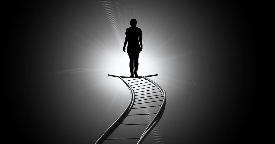 silhouette of person on ladder illustration, beyond, death, faith, HD wallpaper