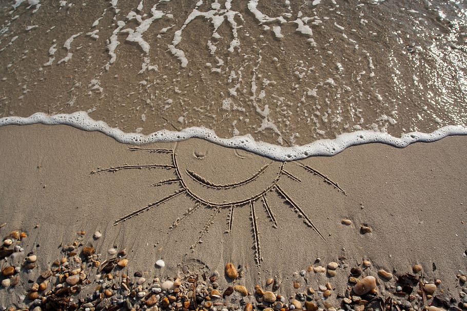 sun drawing on seashore, pebbles, background, texture, nature HD wallpaper