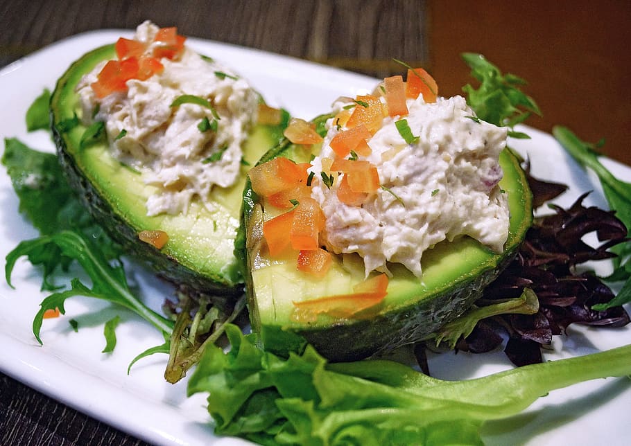 avocado salad on white plate, starter, green, vegetable, mayonnaise, HD wallpaper