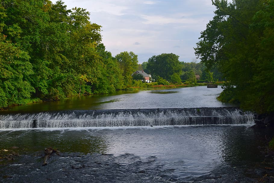 river, waterfall, trees, sky, clouds, park, landscape, nature HD wallpaper