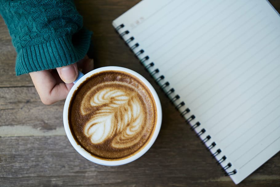 cappuccino beside spring notebook, coffee, latte, hands, green HD wallpaper