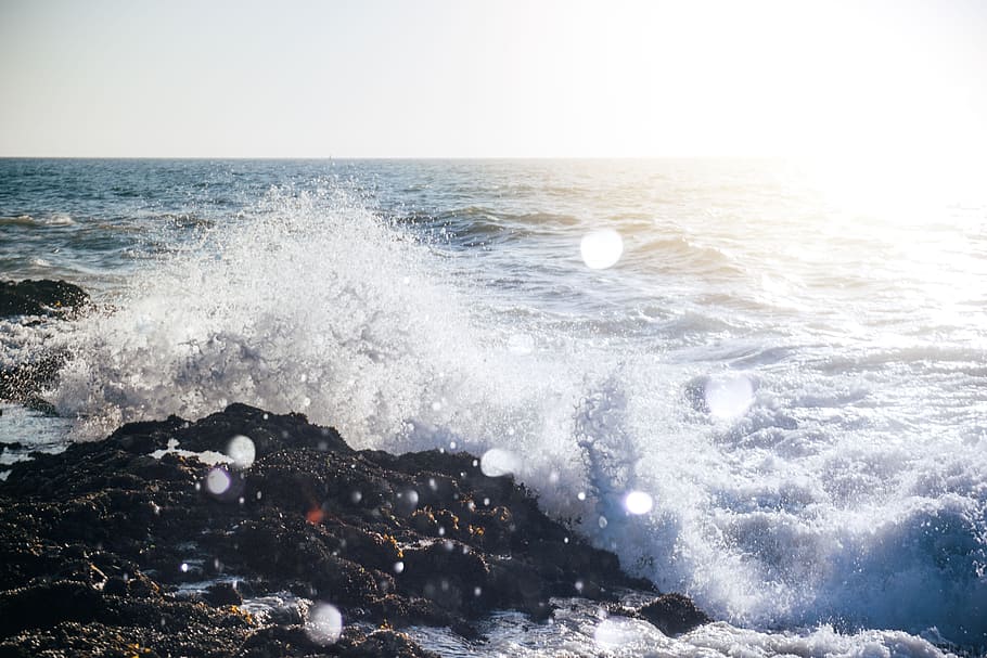 sea, ocean, water, waves, nature, rocks, horizon, blue, sky HD wallpaper