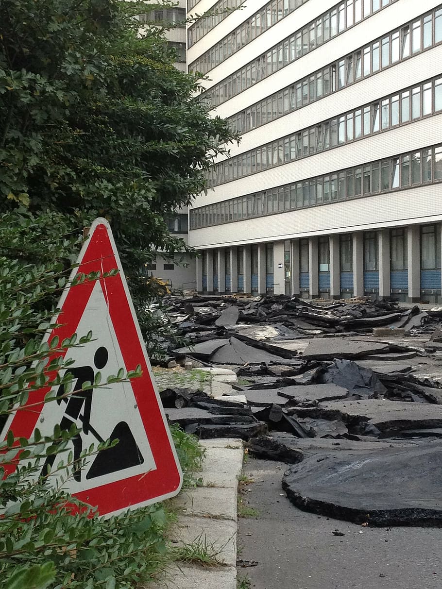 site, construction work, tar, ground, road, stone, shield, architecture HD wallpaper