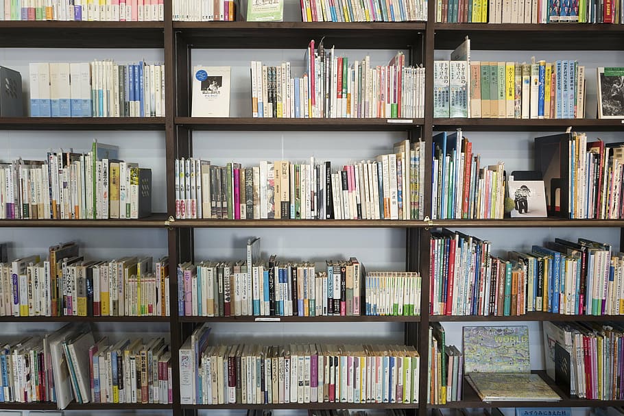 assorted-title book lot in bookshelf, novel, read, library HD wallpaper