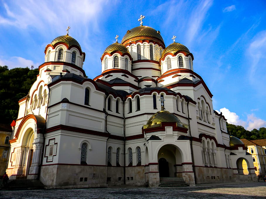 architecture, travel, orthodox, sky, church, new athos, monastery