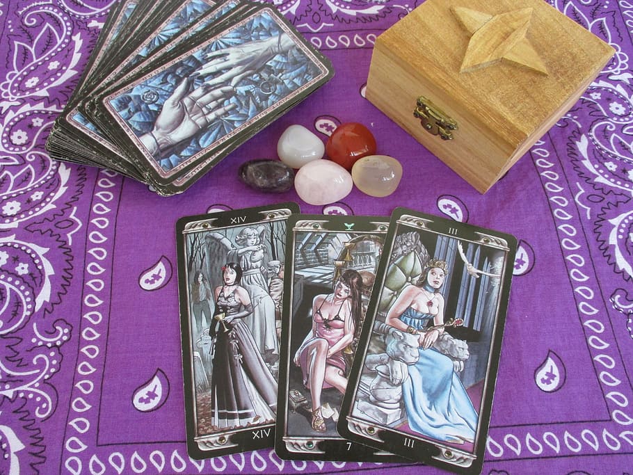 tarot cards, stone and box on purple scarf, Magic, Occultism