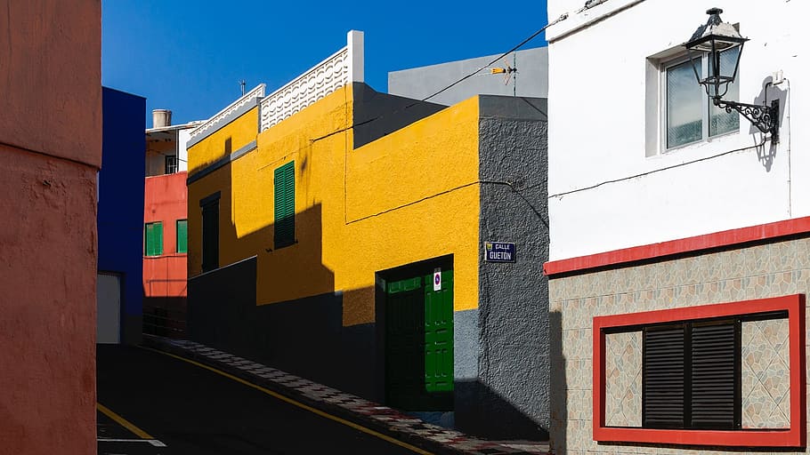 homes, road, color, light, shadow, tenerife, architecture, building exterior HD wallpaper