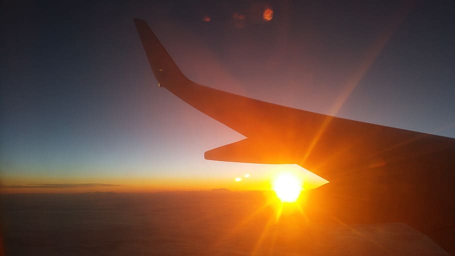 sunset, clouds, plane, heaven, sky, sunlight, nature, orange color HD wallpaper