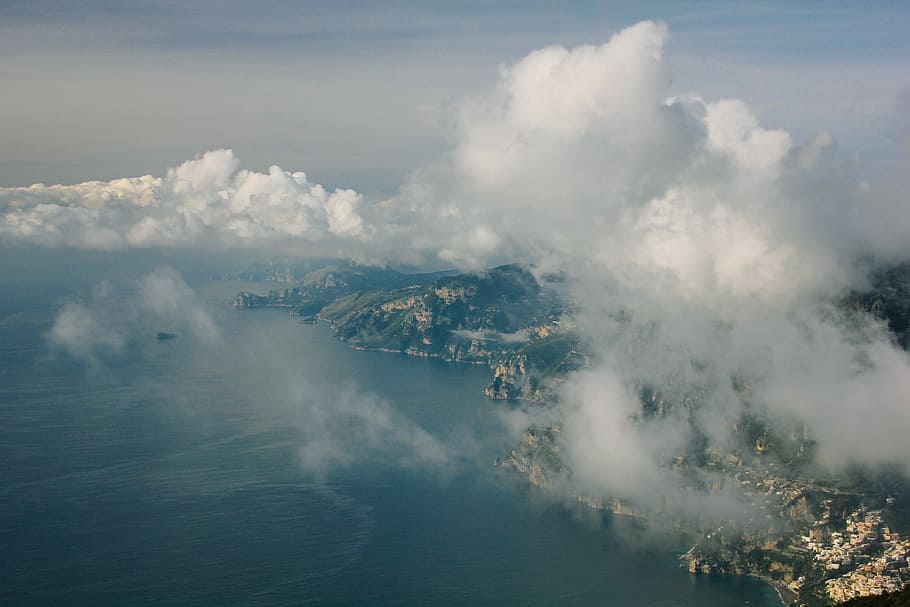 white clouds covering mountain, blue, coast, gray, hills, landscapes HD wallpaper