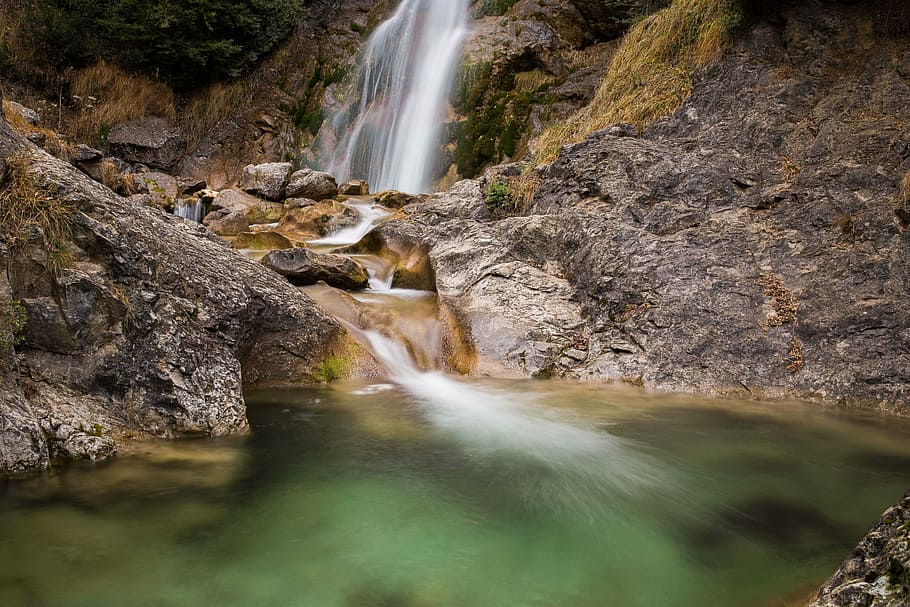 time lapse photography of waterfall, rock, stream, boulder HD wallpaper