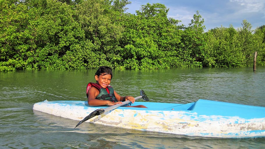 boy, kayak, mangue, sol, smile, child, landscape, lake, nature, HD wallpaper