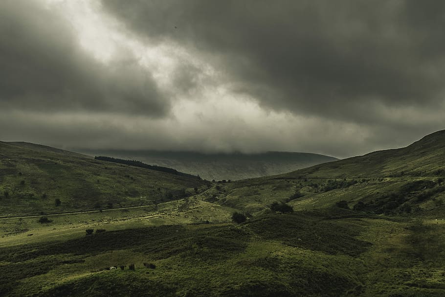 photo of green mountain under white sky at daytime, green grass field under cloudy sky HD wallpaper