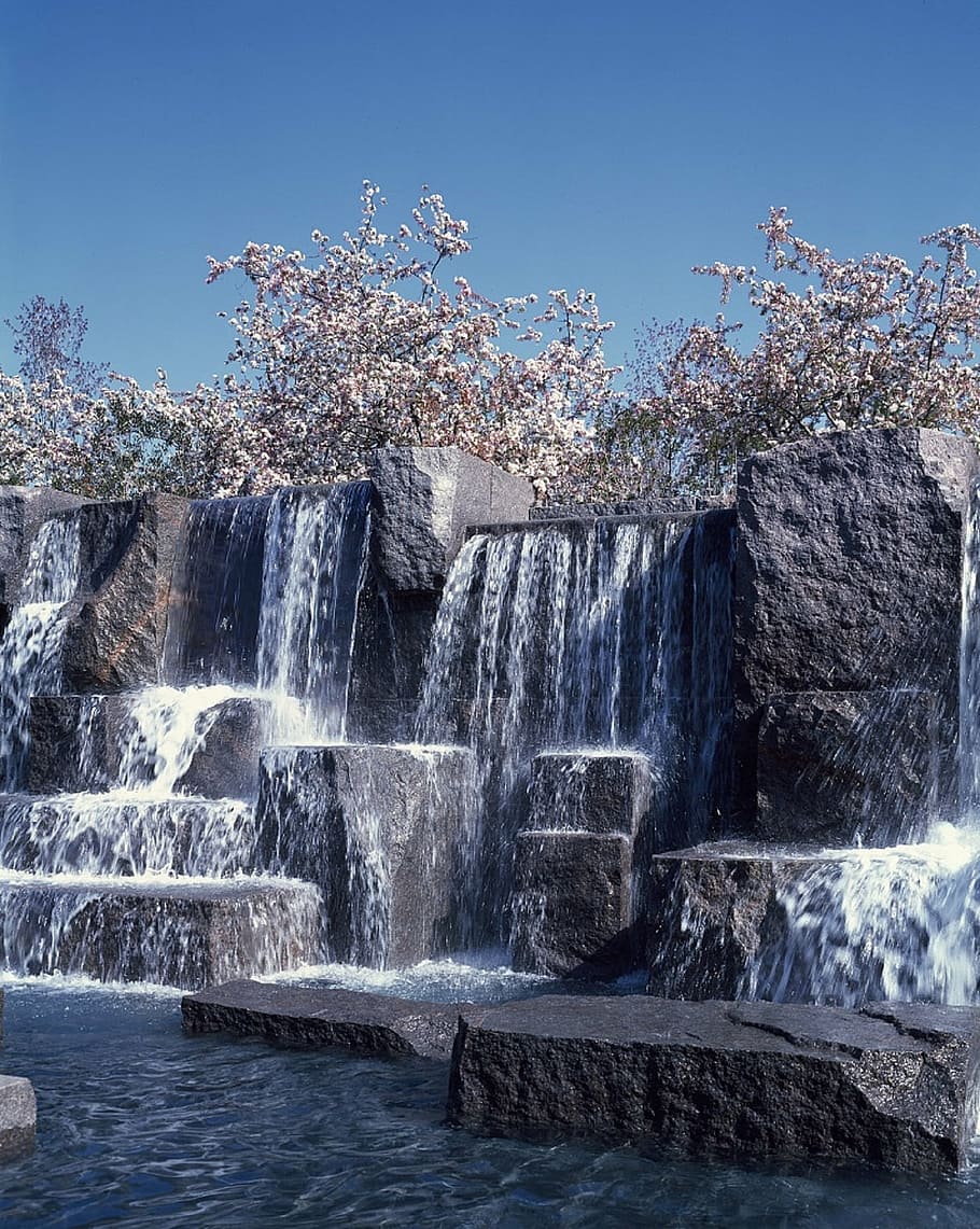 waterfall, memorial, trees, cherry, rock, scenic, washington HD wallpaper