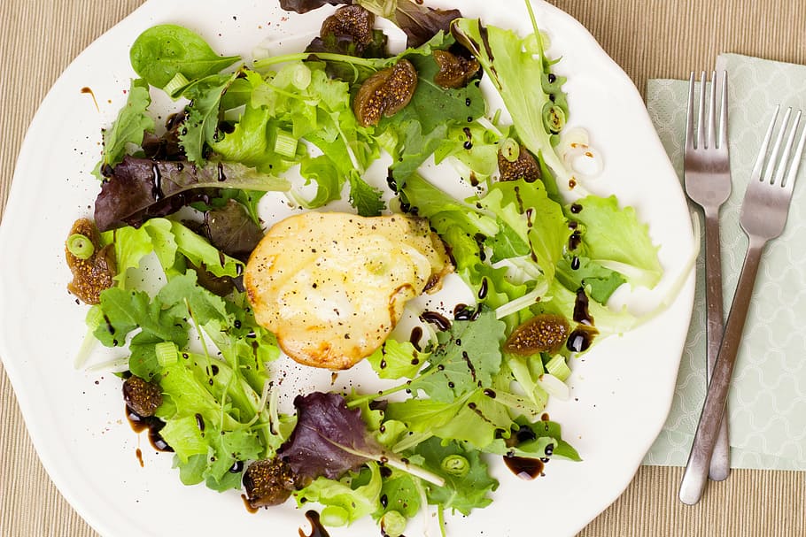salad dish, pear, cheese, leaf lettuce, vegetarian, delicious, HD wallpaper